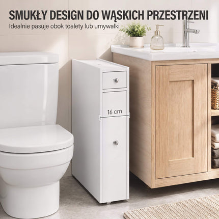 Narrow White Bathroom Cabinet with 2 Drawers, MDF 16x48x58 cm