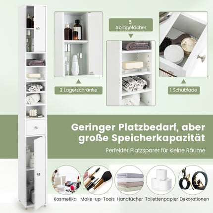 Schmaler Badschrank Hochschrank mit 2 Türen &amp; 1 Schublade 20 x 20 x 180 cm weiß