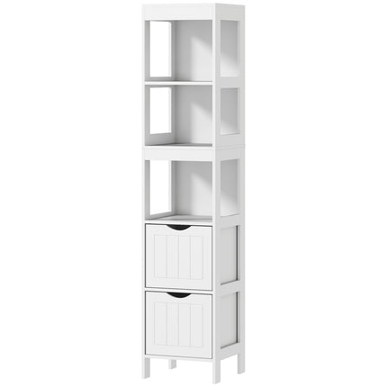 Hoher, schmaler, weißer Badezimmerschrank, 2 Schubladen und Regale