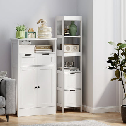 Hoher, schmaler, weißer Badezimmerschrank, 2 Schubladen und Regale