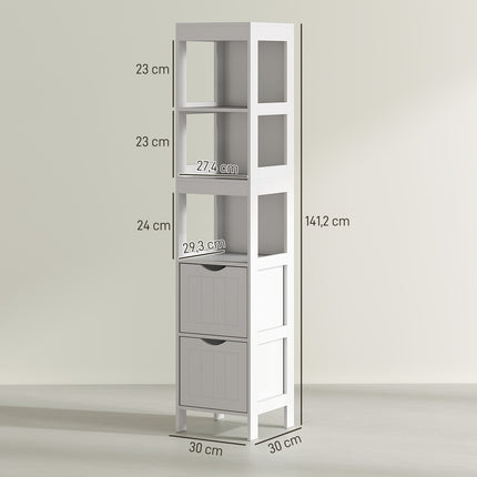 Hoher, schmaler, weißer Badezimmerschrank, 2 Schubladen und Regale