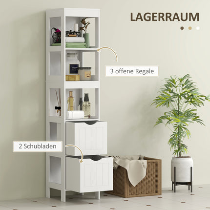 Hoher, schmaler, weißer Badezimmerschrank, 2 Schubladen und Regale