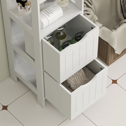Hoher, schmaler, weißer Badezimmerschrank, 2 Schubladen und Regale