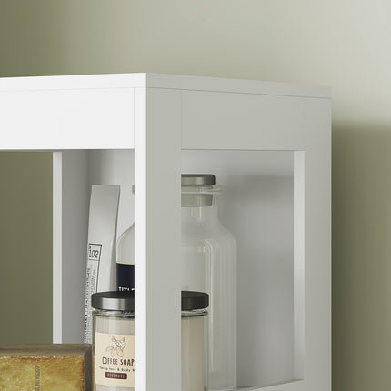 Hoher, schmaler, weißer Badezimmerschrank, 2 Schubladen und Regale