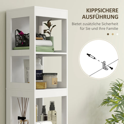 Hoher, schmaler, weißer Badezimmerschrank, 2 Schubladen und Regale