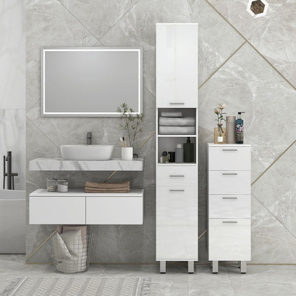 Slim white bathroom cabinet, adjustable shelf & 3 drawers