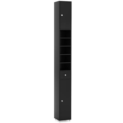 Schmaler Badschrank mit 2 Türen &amp; 1 Schublade Hochschrank 20 x 20 x 180 cm schwarz