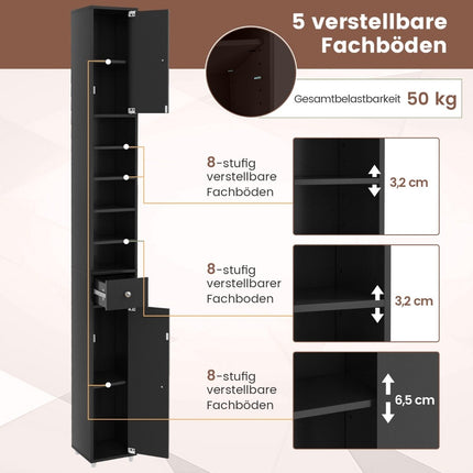Schmaler Badschrank mit 2 Türen &amp; 1 Schublade Hochschrank 20 x 20 x 180 cm schwarz