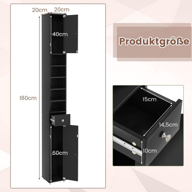 Schmaler Badschrank mit 2 Türen &amp; 1 Schublade Hochschrank 20 x 20 x 180 cm schwarz