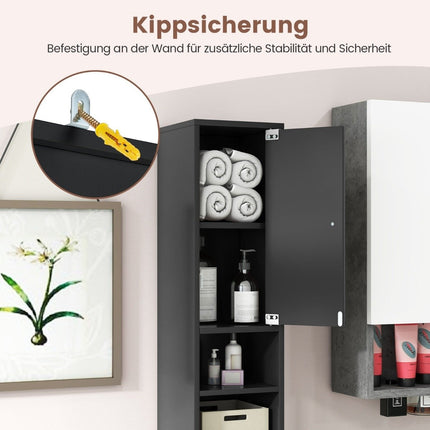 Schmaler Badschrank mit 2 Türen &amp; 1 Schublade Hochschrank 20 x 20 x 180 cm schwarz