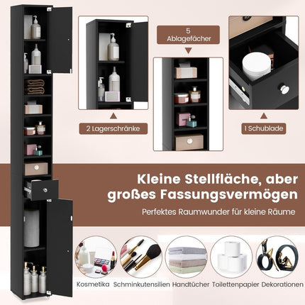 Schmaler Badschrank mit 2 Türen &amp; 1 Schublade Hochschrank 20 x 20 x 180 cm schwarz