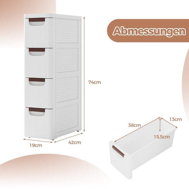 Schmaler Badschrank mit 4 Schubladen &amp; Rollen Nischenregal Badschrank weiß