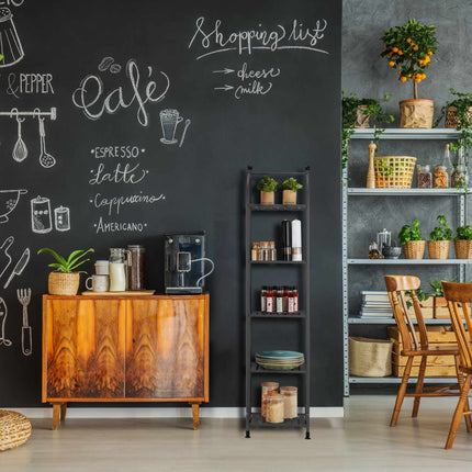 Narrow floor-standing shelf with 5 shelves