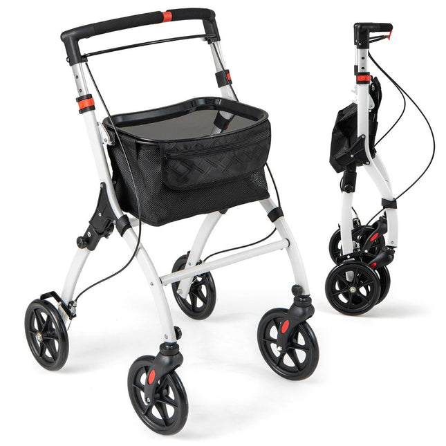 Schmaler Rollator mit 5-facher Höhenverstellung &amp; Tablett &amp; 4 Rädern &amp; Bremsen Gehhilfe