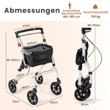 Schmaler Rollator mit 5-facher Höhenverstellung &amp; Tablett &amp; 4 Rädern &amp; Bremsen Gehhilfe