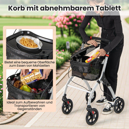 Schmaler Rollator mit 5-facher Höhenverstellung &amp; Tablett &amp; 4 Rädern &amp; Bremsen Gehhilfe