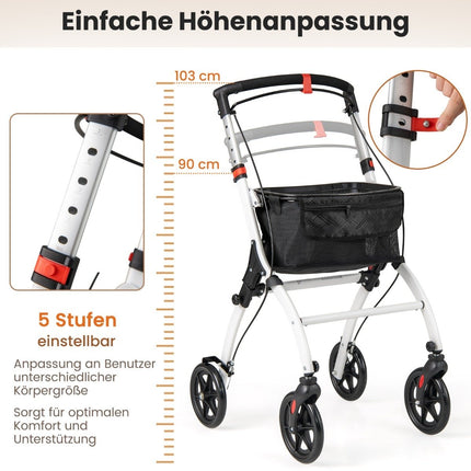 Schmaler Rollator mit 5-facher Höhenverstellung &amp; Tablett &amp; 4 Rädern &amp; Bremsen Gehhilfe