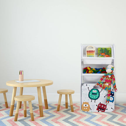 Schmales Spielzeugregal mit Monstern