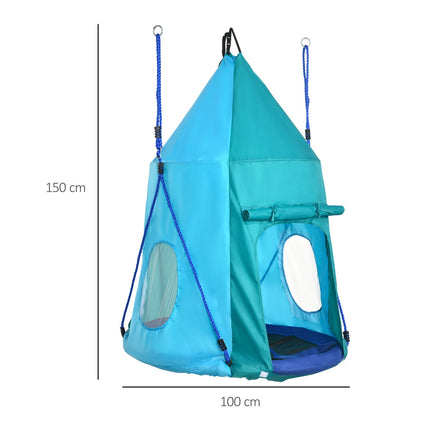 Balançoire nid avec tente, balançoire de jardin Ø 100 cm, balançoire pour enfants avec fenêtre et cordes réglables en longueur, étanche jusqu'à 150 kg, bleu-vert