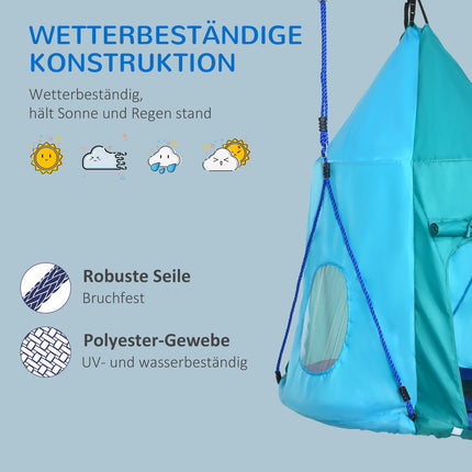 Balançoire nid avec tente, balançoire de jardin Ø 100 cm, balançoire pour enfants avec fenêtre et cordes réglables en longueur, étanche jusqu'à 150 kg, bleu-vert