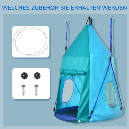 Balançoire nid avec tente, balançoire de jardin Ø 100 cm, balançoire pour enfants avec fenêtre et cordes réglables en longueur, étanche jusqu'à 150 kg, bleu-vert
