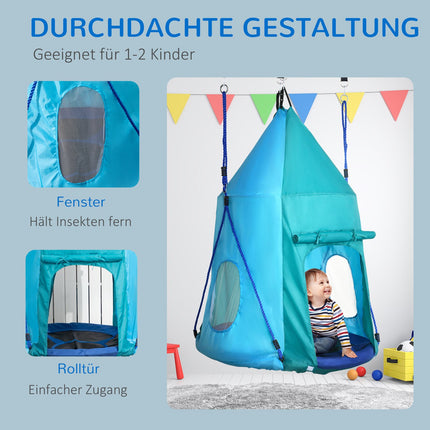 Balançoire nid avec tente, balançoire de jardin Ø 100 cm, balançoire pour enfants avec fenêtre et cordes réglables en longueur, étanche jusqu'à 150 kg, bleu-vert