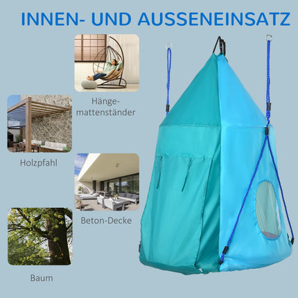Balançoire nid avec tente, balançoire de jardin Ø 100 cm, balançoire pour enfants avec fenêtre et cordes réglables en longueur, étanche jusqu'à 150 kg, bleu-vert