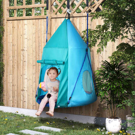 Balançoire nid avec tente, balançoire de jardin Ø 100 cm, balançoire pour enfants avec fenêtre et cordes réglables en longueur, étanche jusqu'à 150 kg, bleu-vert