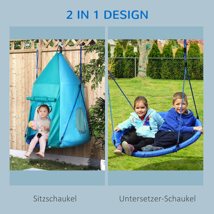 Balançoire nid avec tente, balançoire de jardin Ø 100 cm, balançoire pour enfants avec fenêtre et cordes réglables en longueur, étanche jusqu'à 150 kg, bleu-vert