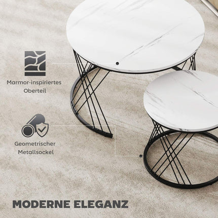 Verschachtelbarer Couchtisch-Set, Marmor-Optik, Weiß, 2-teilig