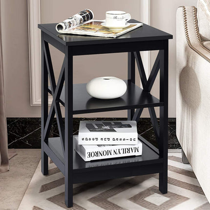 Nightstand, 3-Tier X-Frame MDF Side Table, Black