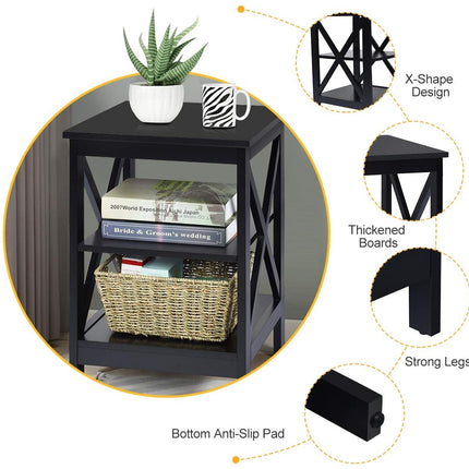 Nightstand, 3-Tier X-Frame MDF Side Table, Black