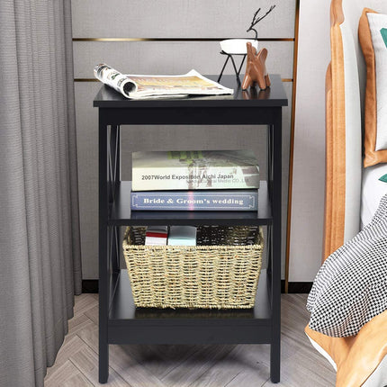 Nightstand, 3-Tier X-Frame MDF Side Table, Black