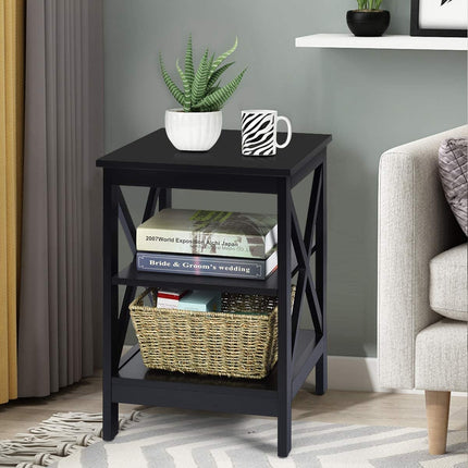Nightstand, 3-Tier X-Frame MDF Side Table, Black