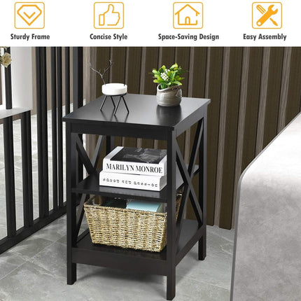 Nightstand, 3-Tier X-Frame MDF Side Table, Black