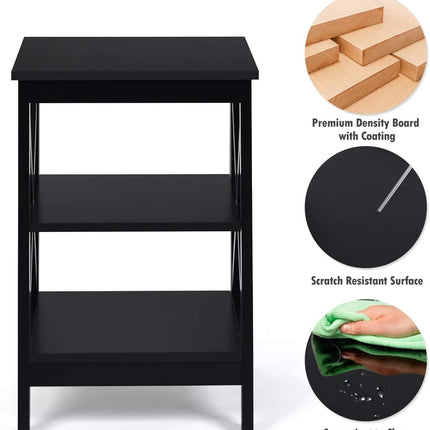 Nightstand, 3-Tier X-Frame MDF Side Table, Black