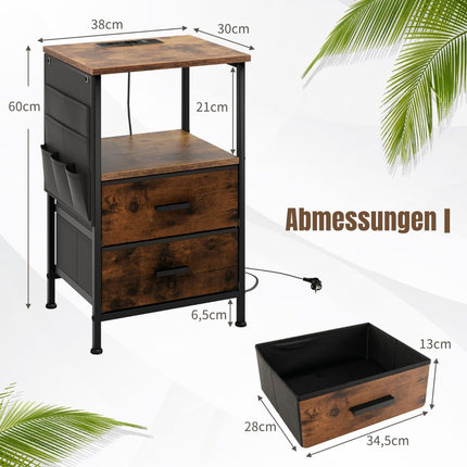 Nightstand Set with Charging Station & Storage, Brown