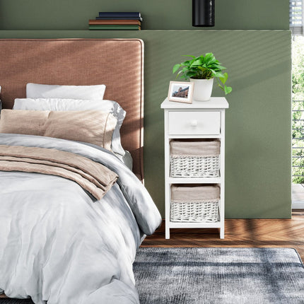 Nightstand, White Wood, 2 Rattan Drawers, 1 Drawer