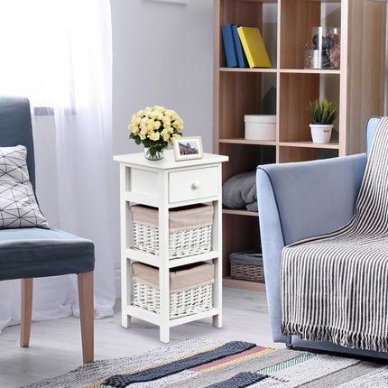 Nightstand, White Wood, 2 Rattan Drawers, 1 Drawer