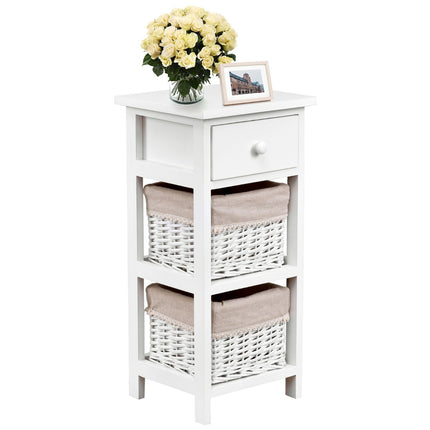 Nightstand, White Wood, 2 Rattan Drawers, 1 Drawer