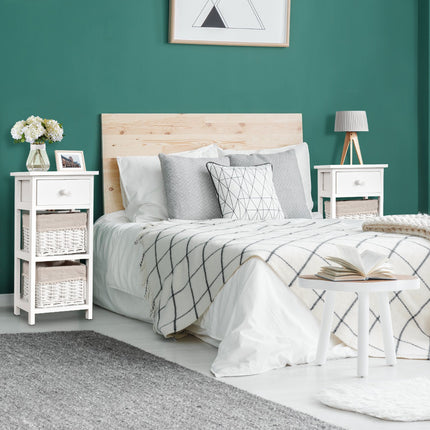 Nightstand, White Wood, 2 Rattan Drawers, 1 Drawer