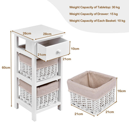 Nightstand, White Wood, 2 Rattan Drawers, 1 Drawer
