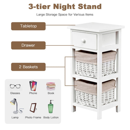 Nightstand, White Wood, 2 Rattan Drawers, 1 Drawer