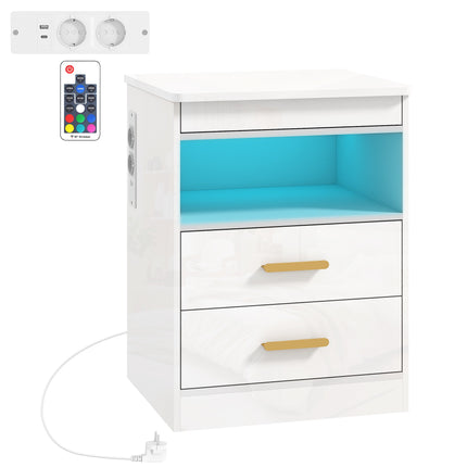 Noční stolek s nabíjecí stanicí, RGB LED, 2 zásuvky, vysoký lesk bílý
