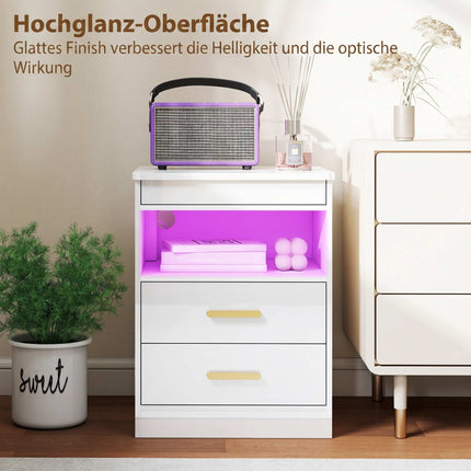 Noční stolek s nabíjecí stanicí, RGB LED, 2 zásuvky, vysoký lesk bílý