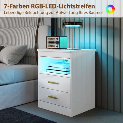 Noční stolek s nabíjecí stanicí, RGB LED, 2 zásuvky, vysoký lesk bílý