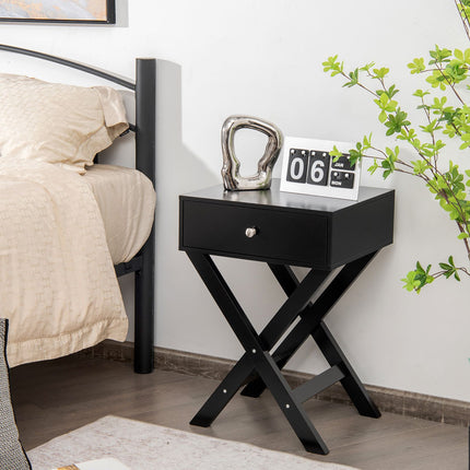 Nachttisch mit Schublade, X-förmiges MDF, Schwarz