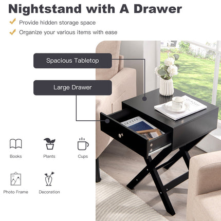 Nachttisch mit Schublade, X-förmiges MDF, Schwarz