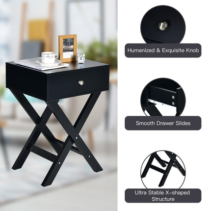 Nachttisch mit Schublade, X-förmiges MDF, Schwarz