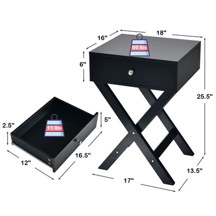 Nachttisch mit Schublade, X-förmiges MDF, Schwarz